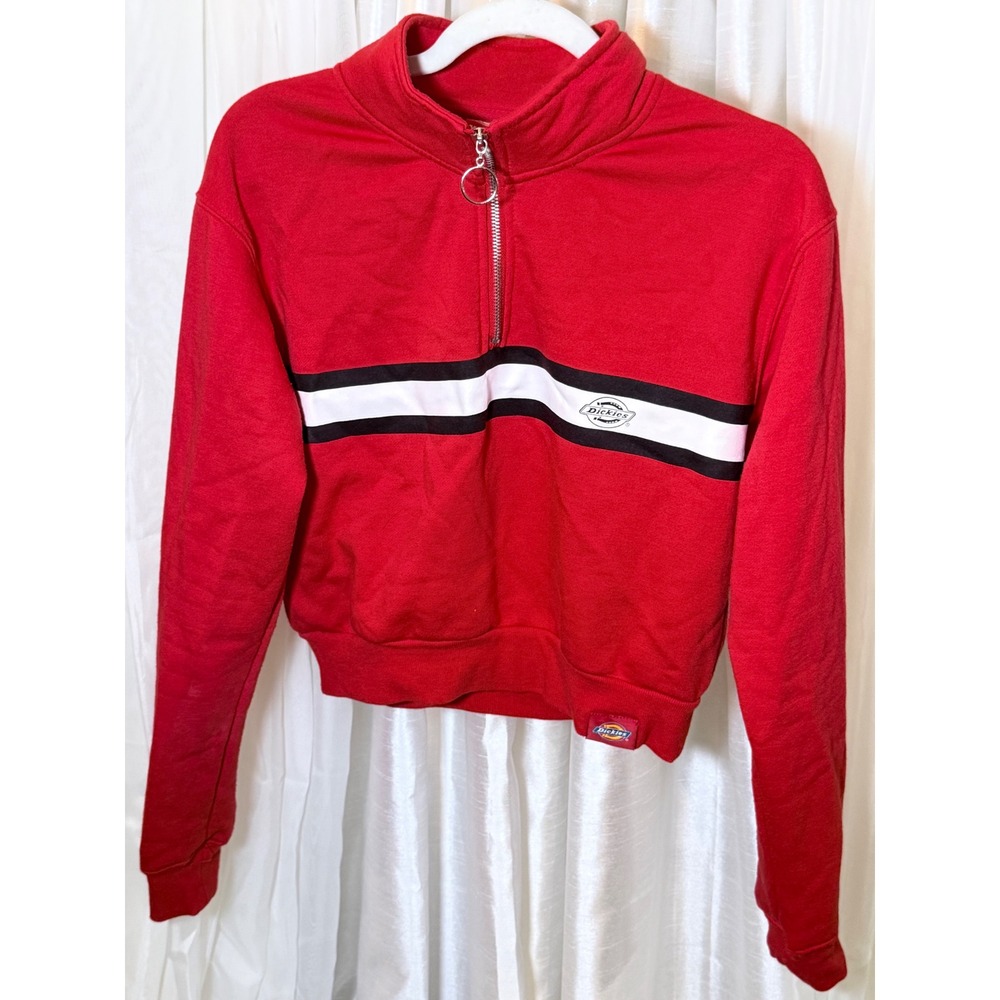 Dickies Pullover Sweatshirt Womens XL Red Striped Quarter Zip Cropped Logo